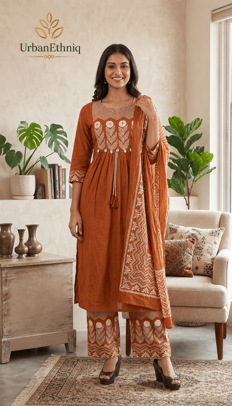 Rust Orange Printed Cotton Suit